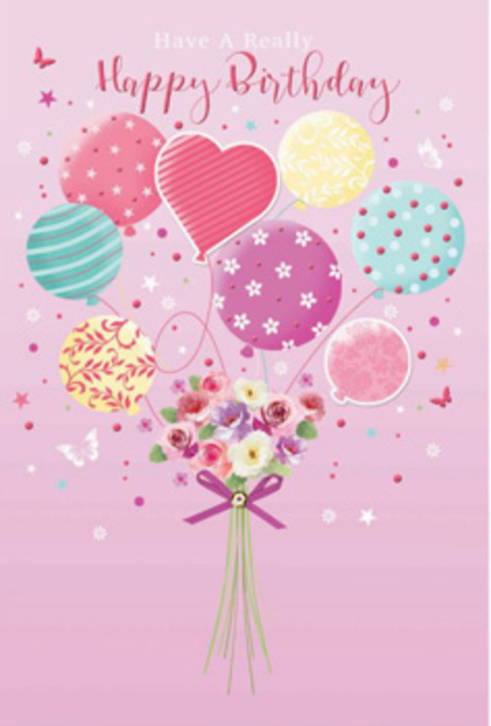 There is a gentle sense of jubilation woven through this floral birthday scene, as if the air above Hornsey has been filled with soft colour and quiet happiness. The background is a muted pink, creating a warm, welcoming atmosphere like the glow of shop windows along Hornsey High Street on a late afternoon. Floating upward from the lower edge is a cluster of balloons rendered in pastel hues-pale sunshine yellow, rosy fuchsia, lavender, sea green, and blush. Each balloon is individually adorned: some with swirling ribbons curling around their curves, others speckled with playful polka dots, and a few decorated with almost petal-like motifs that echo the flowers below. They bunch together as if caught in a gentle breeze, casting faint reflections that suggest smooth, shiny surfaces catching the light. Anchoring this airy display is a hand-tied bouquet resting at the base, petite yet full of character. The flowers resemble small roses and soft, daisy-like blossoms, their velvet petals shaded delicately from cream to rose pink, with touches of mauve at the edges as though touched by the first light of morning over Priory Park. The stems are bound with a slim, shimmering purple ribbon, tied into a neat bow that sits at the centre like a carefully considered signature from an experienced florist. Tiny star-like flecks and the impression of fluttering butterflies dance around the arrangement, adding a whimsical, daydream quality-as if the whole piece captures the essence of a garden party suspended in time. It's an image that whispers happiness, perfect for a birthday card meant to make someone in Hornsey feel cherished, noticed, and deeply appreciated.