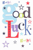 A bold, cheerful good luck card is laid flat against a neutral surface, its white background acting like a fresh page ready for a new chapter in someone's life. The words "Good Luck" dominate the centre, playfully arranged in a mix of oversized pastel-blue letters, deep crimson reds, mossy greens, and rich purples. Each letter feels individually designed, as if a local Hornsey artist had carefully chosen each colour and font the way a florist selects stems for a bouquet. Some characters are chunky and rounded, others narrow and upright, creating a friendly rhythm across the card. Scattered all around the phrase are whimsical stars in navy, sky blue, lilac, and hints of lemony lime, varying in size from tiny pinpricks to more confident bursts. They dance lightly over the crisp white card, like the evening sky over Priory Park when the first stars start to show, suggesting dreams, hopes, and possibilities stretching far beyond the moment. The card stock itself looks smooth, thick, and satisfyingly firm, the kind of quality paper that makes a soft sound when you run your fingers along the edge, similar to the tactile pleasure of turning the tag on a hand-tied bouquet. Soft, even lighting makes every hue clear and inviting, without glare or shadows, so the colours glow gently rather than shout. This is the sort of good luck card you can imagine pressing into someone's palm on their way to an exam at a nearby Hornsey school, a job interview in central London, or a big audition, its design quietly echoing the heartfelt optimism and steady belief of the sender. Although there are no flowers pictured, the joyful mix of colour and shape gives the same feeling as a bright celebratory arrangement ready for local delivery across N8.