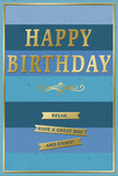 This birthday card exudes a gentle, polished charm, as if it has just been placed on a side table in a Hornsey flat, catching the late afternoon light drifting in from the street. The background is constructed from a series of broad horizontal stripes, each a different but harmonising shade of blue. At the bottom, a deep navy stripe provides a strong foundation, above which sit bands of rich teal and ocean blue that gradually give way to a softer, more airy blue at the top. The resulting gradient feels soothing, like watching the sky change above the tree-lined streets around Priory Park. Across the centre of this calm canvas, the words "HAPPY BIRTHDAY" appear in bold, embossed gold capitals. The metallic finish lends the letters a warm, reflective quality, so they quietly glow without overwhelming the restful blues behind them. Just beneath, a graceful gold flourish stretches from side to side, its looping curves adding a touch of old-world elegance to the otherwise modern stripes. Lower on the card, three slim golden banners are neatly stacked in a vertical column, all picked out in the same shining foil. Together, the inscriptions on these ribbons form a simple, encouraging message: "Relax, have a great day and enjoy!" A fine gold line frames the entire design at the outer edge, giving the card a neat, finished look, as if carefully mounted. The surface appears smooth and velvety, with the raised gold elements providing gentle texture. Paired with fresh blooms from a nearby Hornsey florist, this card would bring a quietly joyful, thoughtfully composed touch to any birthday celebration, whether at home, in an office, or at a favourite local café.